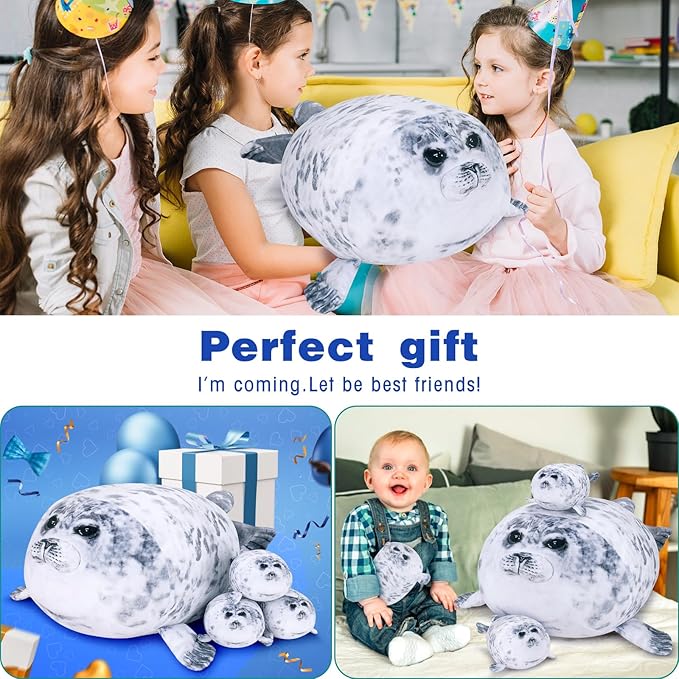Achwishap 19.6” Seal Stuffed Animal Mommy with 3 Seal Baby Plush Toy,4pcs Seal Plush Pillow,Cute Plushie Seals Hugging Pillow Cuddle Plushie for Kids Girls Boys Birthday Gifts(Seals Family)