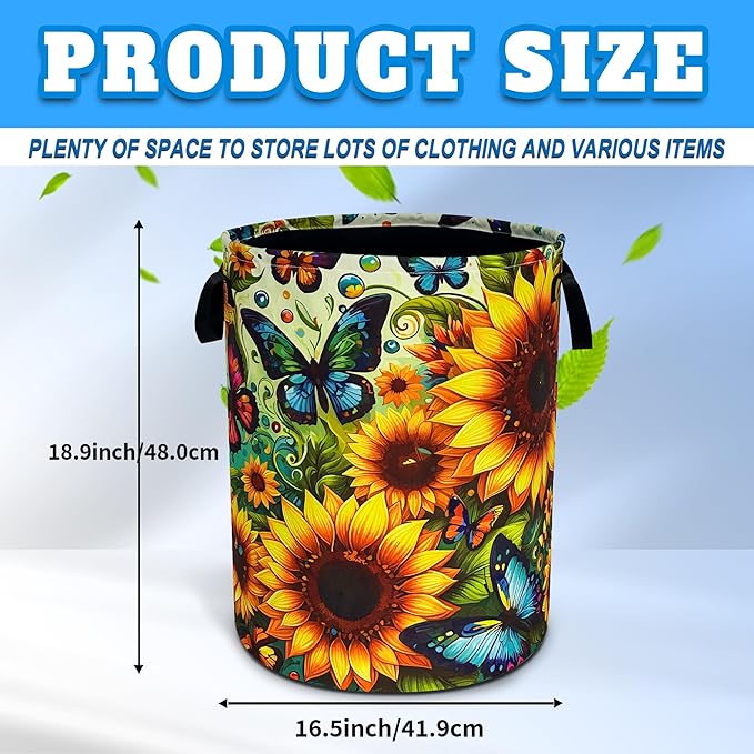 Beautiful Butterfly Sunflower Laundry Basket Oxford Cloth Laundry Hamper With Handle Foldable Portable Clothes Storage Basket 18.9 X 16.5 In Storage Bag For Laundry Room/Bathroom/Bedroom/Dormitories