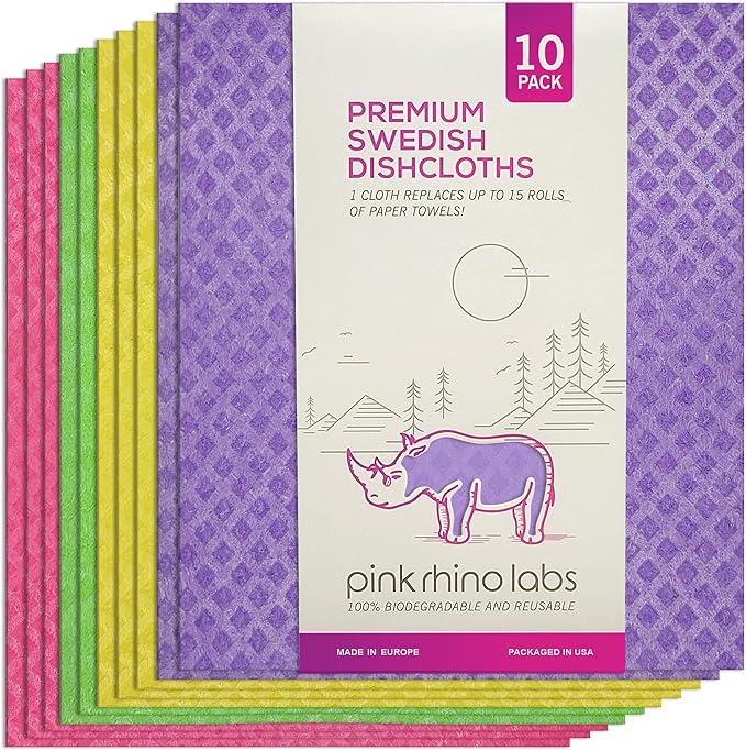 PINK RHINO LABS Swedish Dishcloths – Eco-Friendly Reusable Kitchen Towels – 10 Pack Cleaning Cloths for Dishes, Counters & Surfaces – Super Absorbent, Compostable, Zero-Waste Alternative -