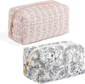 Gleyemor 2 Pieces Quilted Makeup Bag, Cute Floral Cosmetic Bag for Women, Cotton Make Up Bag Set, Flower Travel Toiletry Bag Organizer (Pink Floral+ Navy Flower)