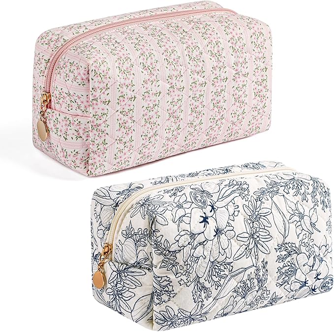 Gleyemor 2 Pieces Quilted Makeup Bag, Cute Floral Cosmetic Bag for Women, Cotton Make Up Bag Set, Flower Travel Toiletry Bag Organizer (Pink Floral+ Navy Flower)