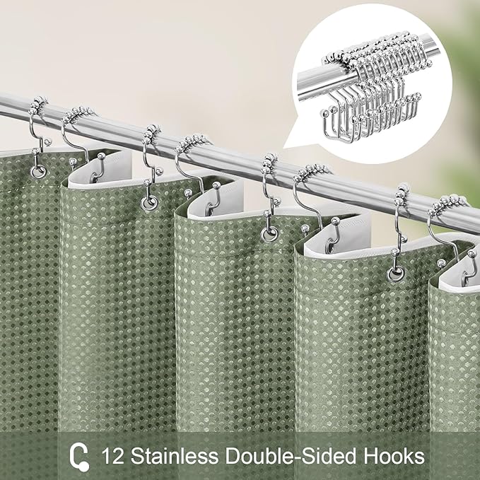 Craidlela 3 in 1 Extra Long Shower Curtain Set-72 W x 84 H, Sage Green Waffle and PEVA Liner Set with 12 Stainless Steel Hooks, Waterproof Fabric for Bathroom