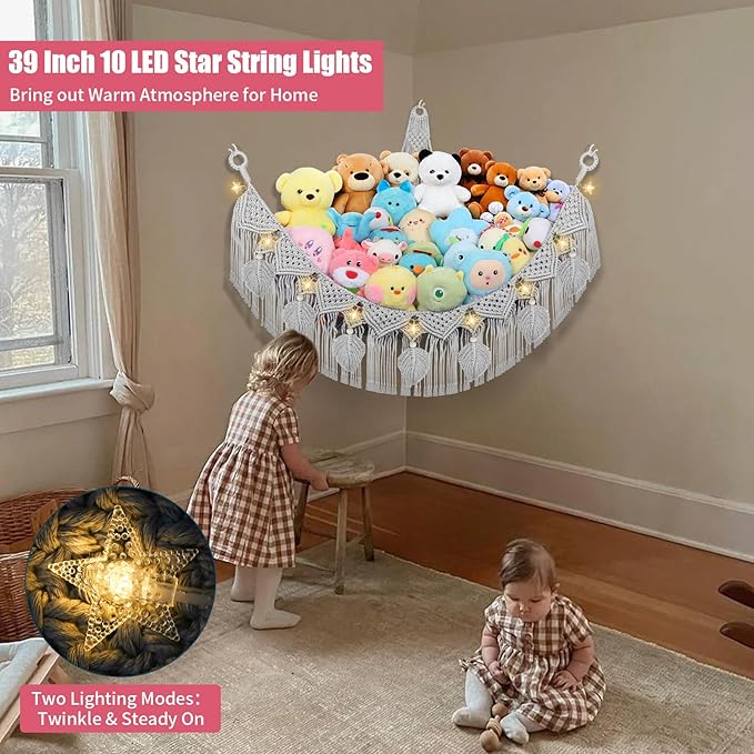 Stuffed Animal Hammock Corner - 56'' Jumbo Handcrafted 5mm Double Macrame Cord Toy Hammock Holder - 100% Natural Cotton Stuffed Animal Storage Net - Gray Stuffy Plushie Net w/LED Star Light