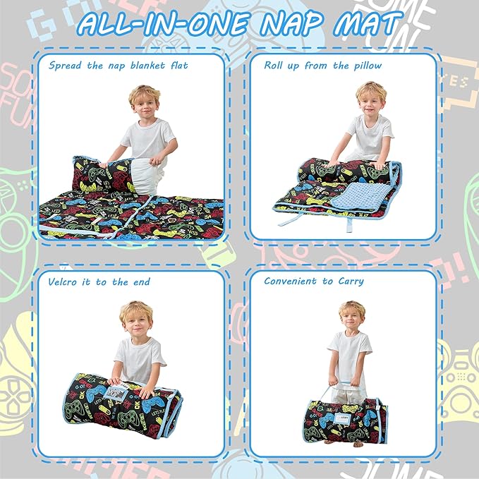 Lasoftan Toddler Nap Mat with Pillow and Blanket, Extra Large Rolled Napping Mats,Slumber Bags for Boys Girls,Kids Sleeping Bag for Daycare, Preschool Travel Camping