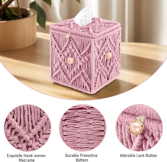 KaloKalo Handmade Tissue Box Cover Decorative Macrame Boho Square Tissue Holder Cotton Rope Woven Napkin Facial Paper Organizer Bohemian Desk Storage Container with Buckle Wood Beads (Pink)