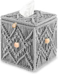KaloKalo Handmade Tissue Box Cover Decorative Macrame Boho Square Tissue Holder Cotton Rope Woven Napkin Facial Paper Organizer Bohemian Desk Storage Container with Buckle Wood Beads (Grey)