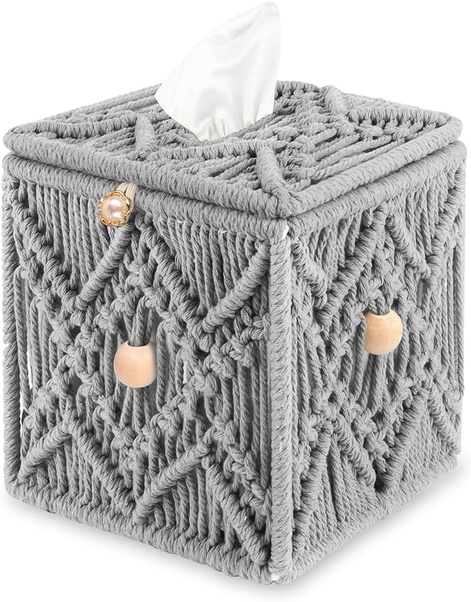 KaloKalo Handmade Tissue Box Cover Decorative Macrame Boho Square Tissue Holder Cotton Rope Woven Napkin Facial Paper Organizer Bohemian Desk Storage Container with Buckle Wood Beads (Grey)