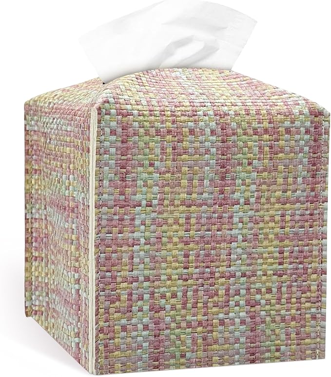 Azormi Tissue Box Cover, PU Leather Square Tissue Box Holder with Woven Pattern, Cube Tissue Box Covers with Bottom Belt, Perfect Decorative Organizer for Tabletop, car, Office, Bathroom, 5 x 5 x 5