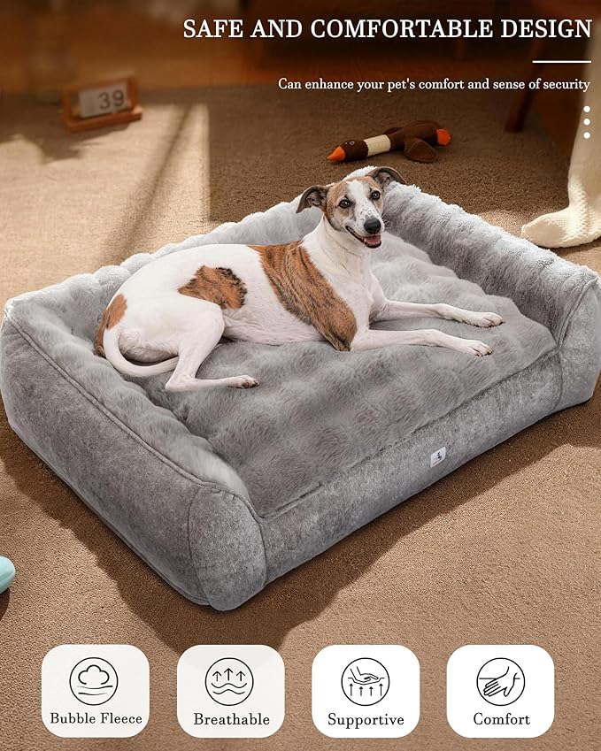 Welfibr XL Orthopedic Dog Bed Extra Large Dogs Bed, Thick Supportive Pet Couch with Sides, Dog Beds for Large Sized Dogs, Large Pet Sofa with Washable Removable Cover, Nonskid Bottom, Grey, 48"