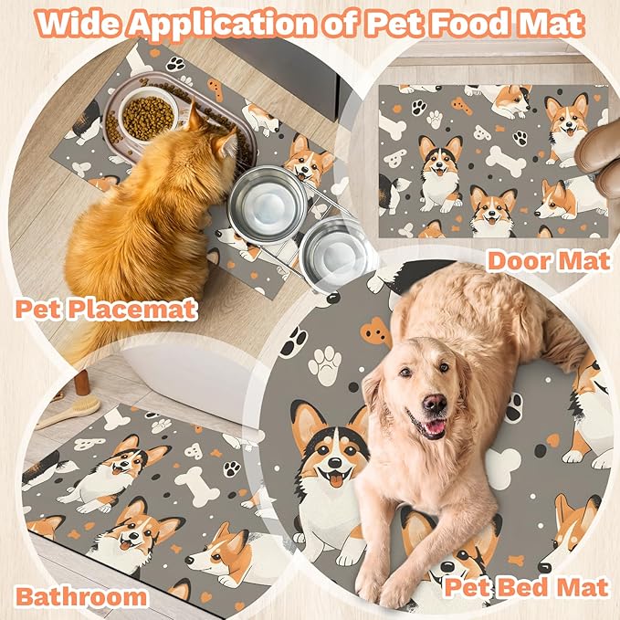 Eizlang Corgi Dog Cat Food Mat,12"x20" Inches Rapid Absorbent Pet Feeding Mat,Pets Placemat Water Bowl Mats with Rubber Backing,No Stains Cat Dog Feeding Mats Indoor,Pet Accessories Supplies