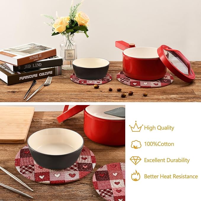 Valentine's Day Pink Hearts Trivet Mat 2PCS Plaid Tartan Round Woven Potholders Kitchen Table Countertop Protector Hot Pads Farmhouse Coasters Counter Mats for Cooking Baking