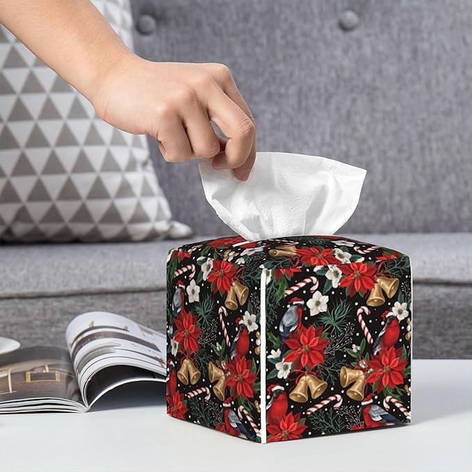 Christmas Poinsettia Flowers Tissue Box Cover Square,Xmas Bells Candy Cane Tissue Box Holder Waterproof Leather Facial Paper Organizer Dispenser for Bathroom Home Car Nightstand Vanity Desk