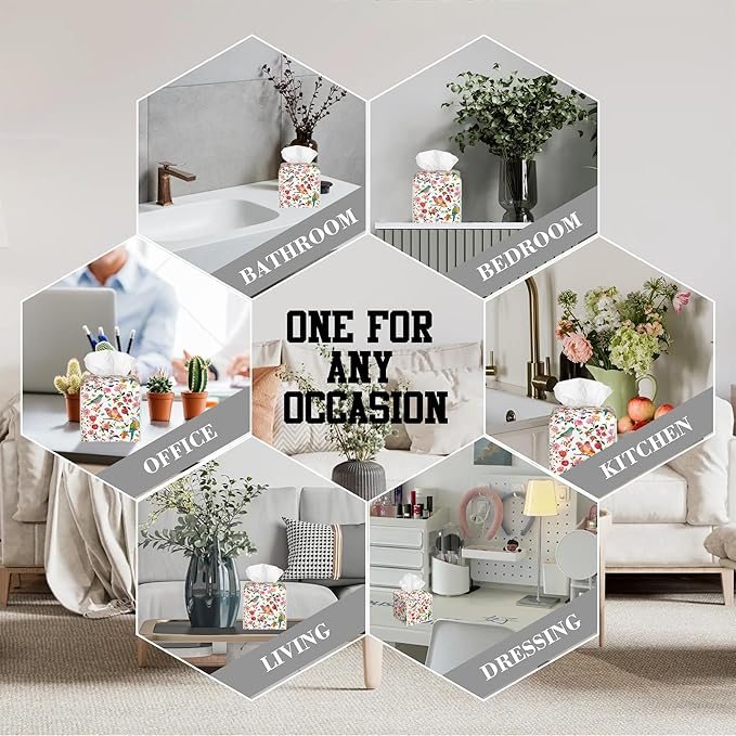 OHEGBXE Tissue Box Holder Spring Flower and Bird Square Leather Tissue Box Cover Modern Cube Facial Paper Cover Case for Bathroom Vanity Countertop Night Stands Tabletop