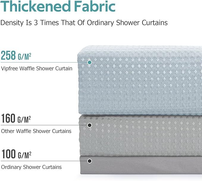 Vipfree 3 in 1 Shower Curtain Set, Waffle Shower Curtain and Liner Set with 12 Double Sided Shower Curtain Hooks, 258GSM Luxury Weighted Cloth Shower Curtains for Bathroom, 72 W x 72 H, Fog Blue
