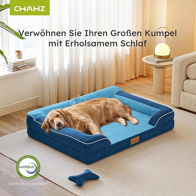 CWAWZ Dog Beds for Large Dogs, Orthopedic Dog Bed with Cooling Gel Memory Foam, Waterproof Large Pet Bed with Removable Washable Cover, 36" Pet Sofa Couch Dutch Velvet with Bone Toy, Navy Blue