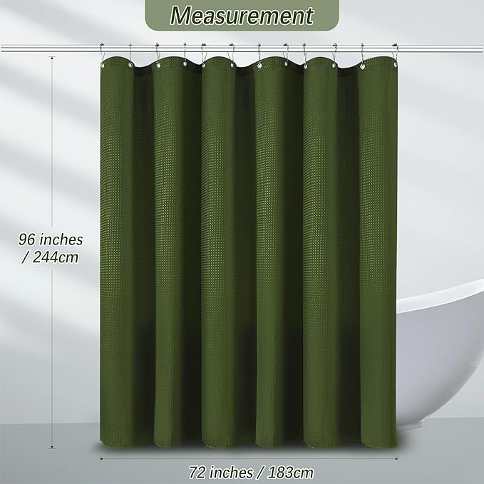 PANGSINNE Extra Long Green Bathroom Decor Waffle Shower Curtain 96 Inches 256GSM Heavy Duty Shower Curtain Set, Hotel Quality Water Repellent Modern Shower Curtains with 12 Hooks,72Wx96H
