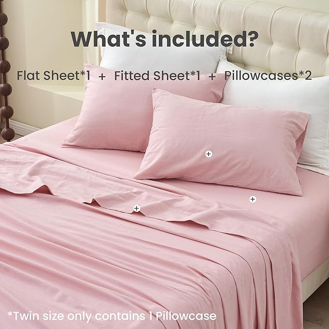 Simple&Opulence Belgian Linen Sheet Set Solid Color - 4 Pieces (1 Flat Sheet & 1 Fitted Sheet & 2 Pillowcases) Natural Flax Cotton Blend Soft Bedding Breathable Farmhouse - Pale Pink, King Size