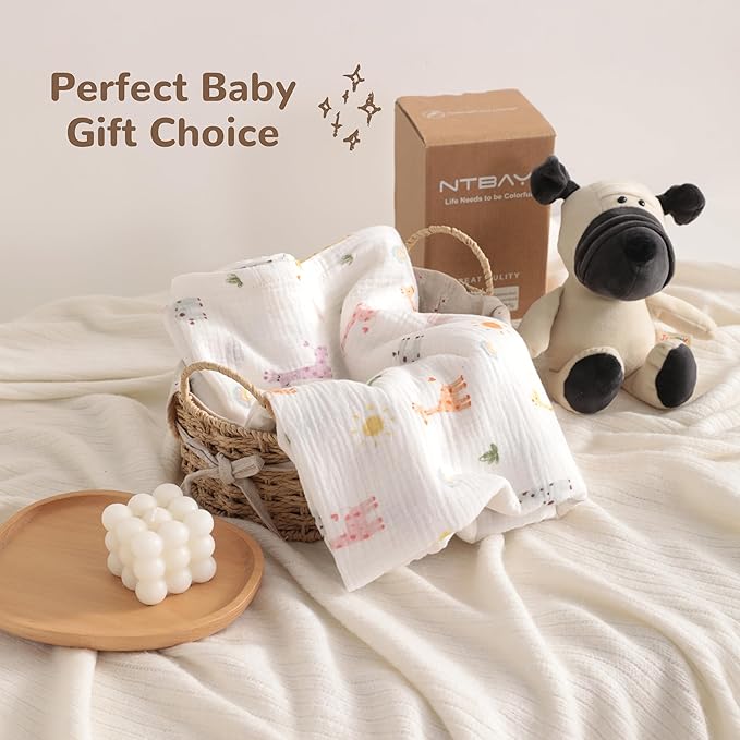 NTBAY 4 Layer Muslin Cotton Toddler Blanket, 42x60 Soft and Breathable Receiving for Newborns and Infants, Perfect for Crib, Stroller, Travel, Lightweight Nursery Blanket, Cartoon Giraffe