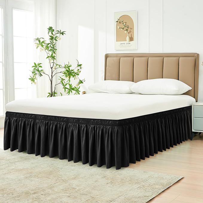 Biscaynebay Wrap Around Bed Skirts for King & Cal King Beds 17" Long Drop, Black Adjustable Elastic Dust Ruffles Easy Fit Wrinkle & Fade Resistant Silky Luxurious Fabric Solid Machine Washable