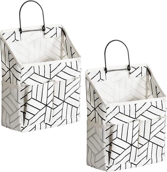 HZZTY BRNY 2pcs Wall Hanging Storage Bag, Small Door Closet Linen Fabric Pockets Organizer, Waterproof Multi Functional for Living Room Bedroom Bathroom Kitchen RV Camper with Hooks Pattern Whtie