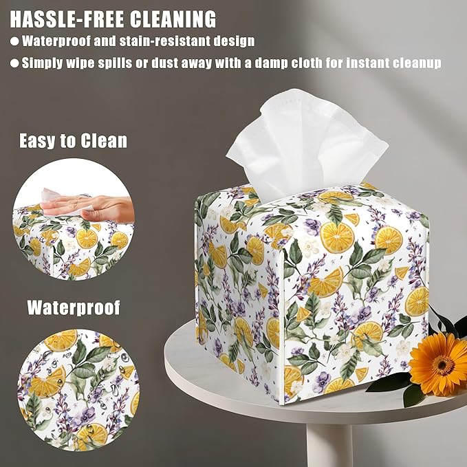 BLYKVGHQ Square Tissue Box Cover Orange Fruits and Lavender Flowers Tissue Box Holder Facial Cube Paper Dispenser Leather Decorative Organizer Home Office Desk Decor, 5.2"x5.2"x5.2"