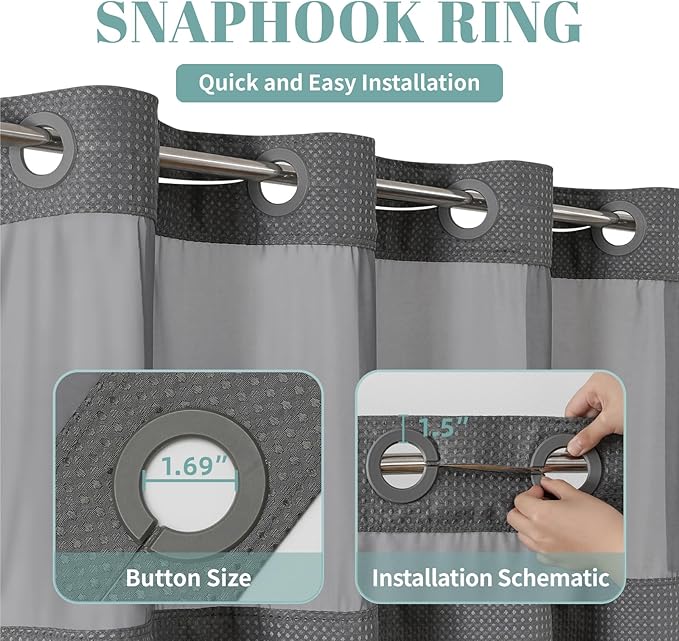 eachope Charcoal No Hook Waffle Weave Shower Curtain with snap-in Liner Replacement, 230GSM Waterproof Fabric Hotel Shower Curtain Set for Bathroom, Through Mesh Top Window,60Wx74H