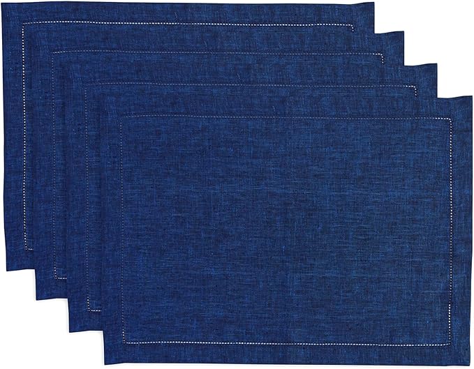 Solino Home Linen Cloth Placemats Set of 4-100% Pure Linen Hemstitch Royal Blue Placemats 14 x 19 Inch - Milan Hemstitch Table Place Mats