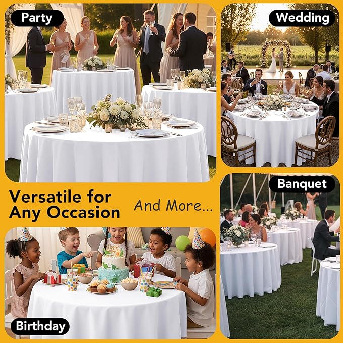 6-Pack White Round Tablecloths, 132 Inches, Stain-Resistant Polyester for 6-8 Ft Round Tables - Washable Table Covers for Weddings, Banquets, Birthday Parties, Events