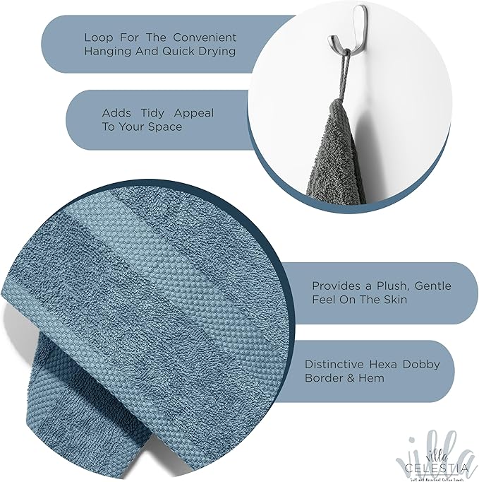 Villa Celestia 100% Cotton Hand Towel Set of 4, (16 x 28 inches) Sustainable, Soft, Highly Absorbent, Quick Drying, Combed Cotton Hand Towels Pack of 4 Ideal for Hotels, Spa, Bathroom, Dorm, Blue