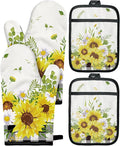 Cotton Oven Mitts and Pot Holders Sets - Quilted Lining Heat Resistant 4 Pieces Set with Hanging Loop Cute Farmhouse Boho Spring Kitchen Decor and Accessories, Plaid Sunflower