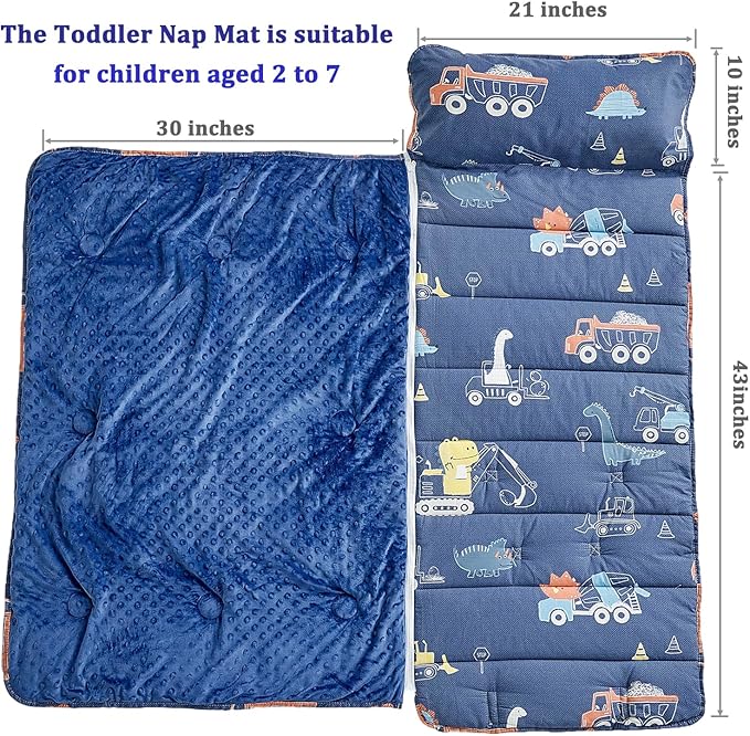 Cotton Toddler Nap Mat with Zipper,Detachable Minky Blanket and Removable Pillow,Soft Slumber Bags for Boys,Kids Sleeping Bag for Daycare Preschool Kindergarten,Dinosaur Navy Blue