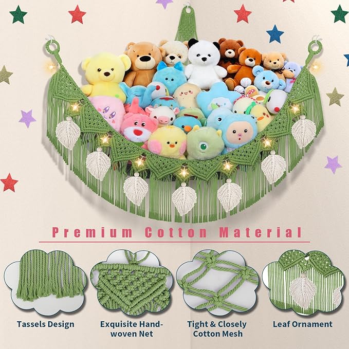 Stuffed Animal Hammock Corner, 56'' Large Boho Leaf Macrame Wall Mount Toy Hammock, Hanging Net Organizer for Teddy Plush, Avocado Green Nursery Toy Net w/Star Lights for Kid Girls Boys Gift