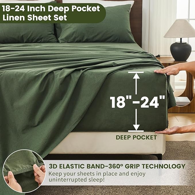 Bedlifes 100% French Flax Linen Sheets Set King Size - 6 Piece Extra Deep Pocket 18-24",Soft Breathable King Bed Sheets with Temperature Regulating & Moisture-Wicking(Forest Green