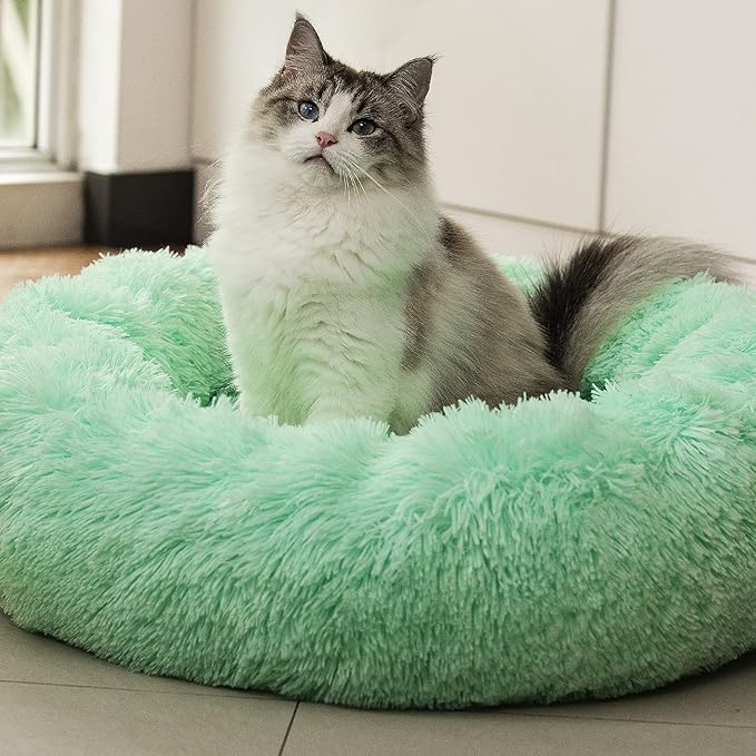 Raimaiso Anti Anxiety Round Fluffy Plush Faux Fur Warm Washable Dog Bed & Cat Bed, Original Bed for Small Medium Large Pets,Used to Relieve Joints and Improve Sleep（20"/24"/27''） (24", Light Green)