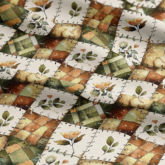 Olive Meadow Patchwork Cotton Fabric – Green & Earth Tone Botanical Patchwork Print Cotton 140 GSM, Panel 61 × 36.6 Inches, Pre-Cut Sewing Fabric Panel for Quilting, Crafts & Home Decor (USA Size)