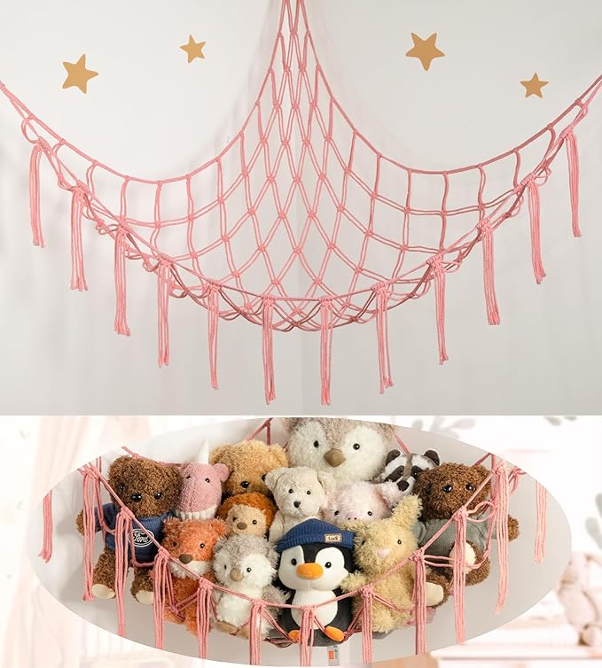 Stuffed Animal Storage Hammock or Net Corner - Large Toy Hammock Net for Stuffed Animals Room Decor - Cute Stuff Animal Organizer Plush Holder - Kids Baby Nursery Essentials Wall Bedroom Home Decor