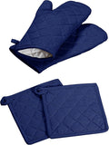 Oven Mitt (7"x13") & Pot Holder (8"x8") 100% Cotton Set of Heat Resistant Oven Gloves & Hot Pads for Gifts, BBQ, Cooking, Baking, Thanksgiving - Indigo Blue
