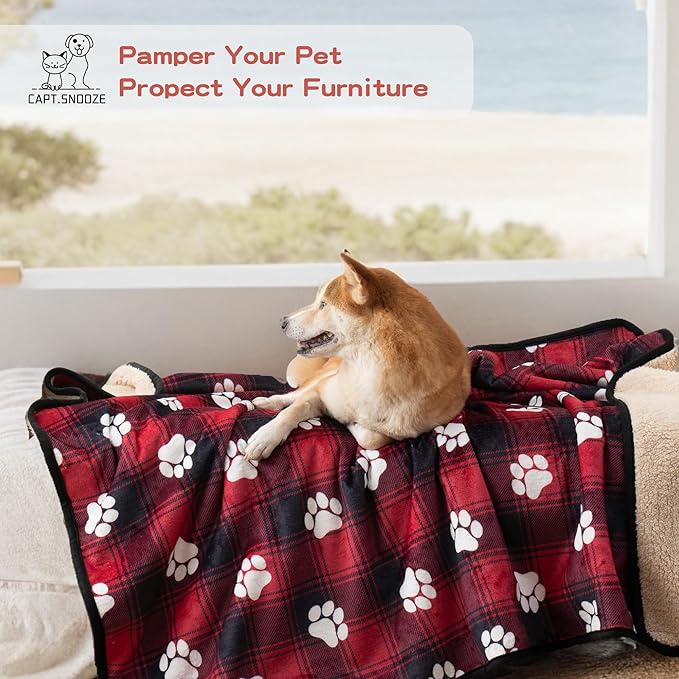 CAPT.SNOOZE Waterproof Dog Blankets Pet Blanket 50"x60", Soft Fluffy Sofa Car Bed Protector, Reversible Sherpa Fleece Dog Blanket for Large Dogs Christmas Decor(Paw Red)
