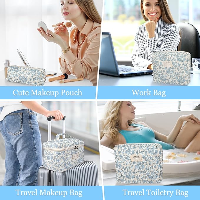 Makeup Bag Set, Quilted Makeup Bag, Large Floral Cosmetic Bag for Women, Cute Cotton Makeup Bags, Flower Travel Toiletry Organizer Bag (Rose Plaid Pattern)