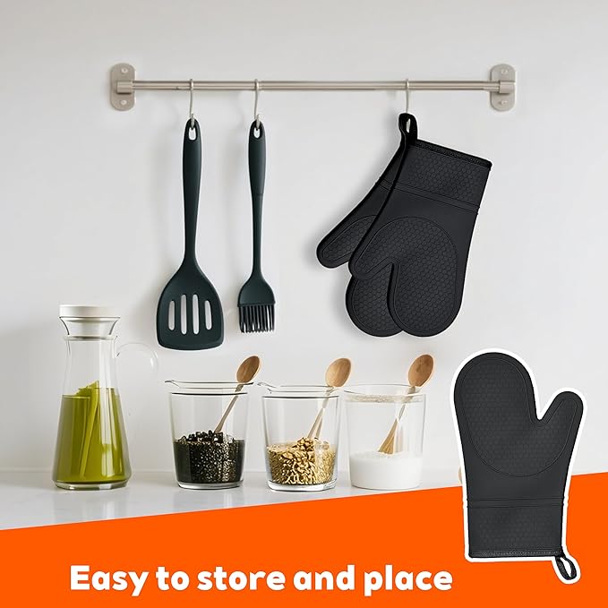1 Pair Silicone Oven Mitts, Heat Resistant to 500°F, BPA-Free, Waterproof Oven Gloves with Quilted Cotton Lining, Non-Slip Grip for Cooking, Baking, Grilling (Black)