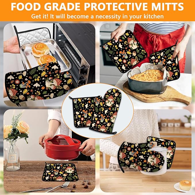 Mushroom Oven Mitts and Pot Holders Sets 4Pcs,Extra Long Oven Gloves Potholder for Kitchen Cooking Baking BBQ 100% Cotton Heat Resistant
