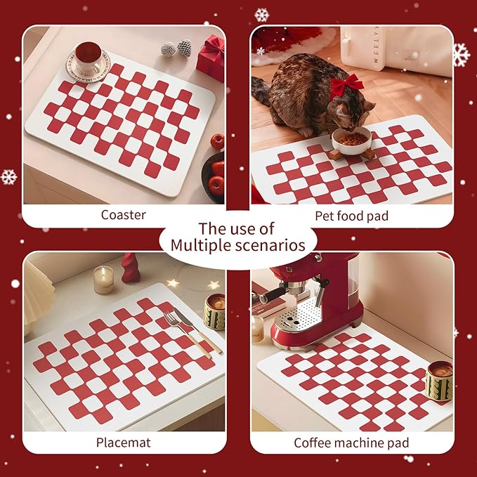 Red Dish Drying Mat Hide Stain Coffee Bar Mat Fast Dry Modern Checkered Kitchen Accessories Non Slip Mat, New Year Gift for Family Friends Home Decor,Red Checkered