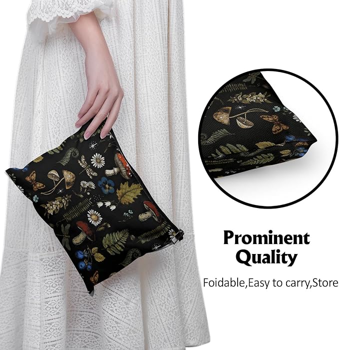 Cafl Vintage Woodland Makeup Bag Travel Large Mushroom Fern Cosmetic Bag Organizer toiletry Essentials Jewelry Skincare Zipper Bag For Women -10×8 inch