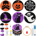Yaomiao 6 Pcs Halloween Punch Needle Coaster Kit Punch Needle Embroidery Kits Craft Supplies with Patterns Yarns Tools Adhesive Felt Embroidery Hoop Instruction Holder for Adult DIY