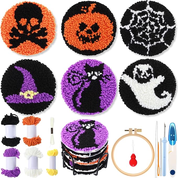Yaomiao 6 Pcs Halloween Punch Needle Coaster Kit Punch Needle Embroidery Kits Craft Supplies with Patterns Yarns Tools Adhesive Felt Embroidery Hoop Instruction Holder for Adult DIY