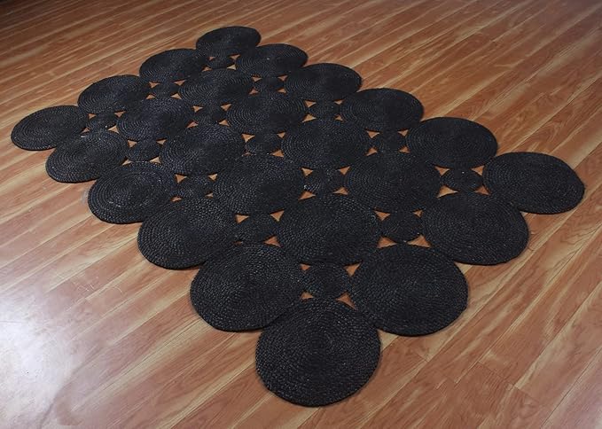 Scalloped Edge Rug, Hand Woven Natural Jute Area Rug, 6x9 Ft Black Braided Sisal Kilim Rugs for Living Room, Kitchen, Entryway, Farmhouse
