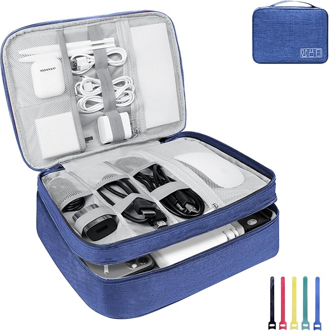 Lcsmaokin Electronics Travel Organizer,Large Double Layer Portable Waterproof Travel Organizer Bag for Charging Cable Storage,Ipad,Power Bank,Hard Drive,for Travel,Business,5pcs Cable Ties-Navy Blue