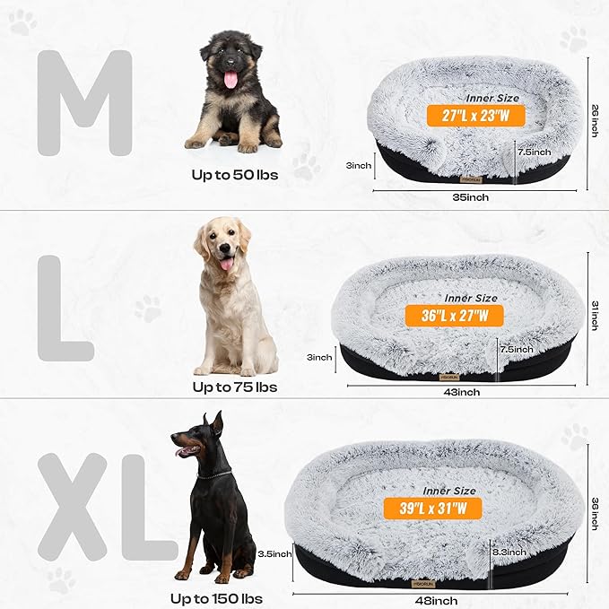 Miorun Fluffy Orthopedic Dog Bed for Large & Extra Large Dogs, Calming Plush Sofa Bed with Curved Bolster Support and Egg-Crate Foam Base, 43" Cozy Oval Pet Donut Bed with Washable Cover, Gray