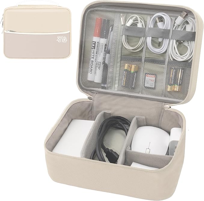 Miavers Electronics Organizer,Travel Cord Organizer Pouch, Portable Cable Organizer Bags, Waterproof Electronic Accessories Storage Case for Cables, Cords, Charger, Phone (Double Layer-Beige)