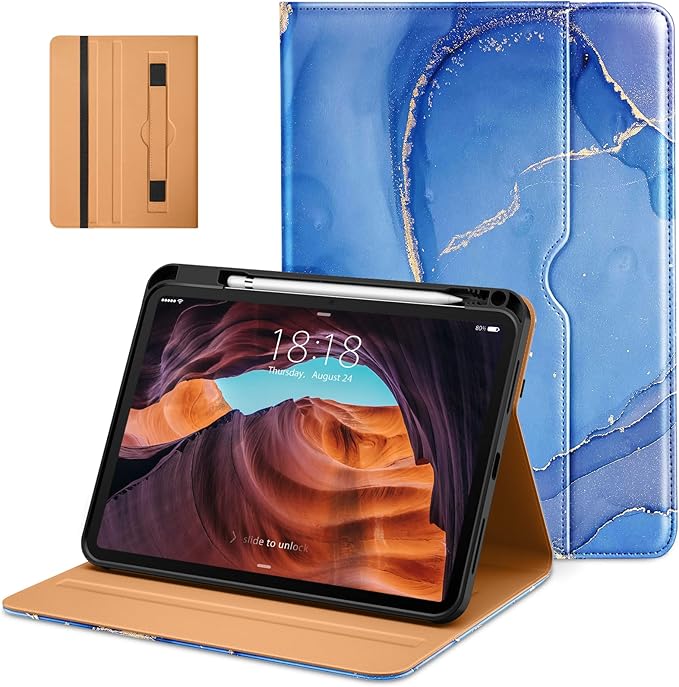 DTTO for iPad (A16) 11th Generation Case 11 Inch 2025, iPad 10th Generation Case 10.9 Inch 2022, Premium Leather Business Folio Stand Cover with Pencil Holder - Auto Wake/Sleep, Sea Marble